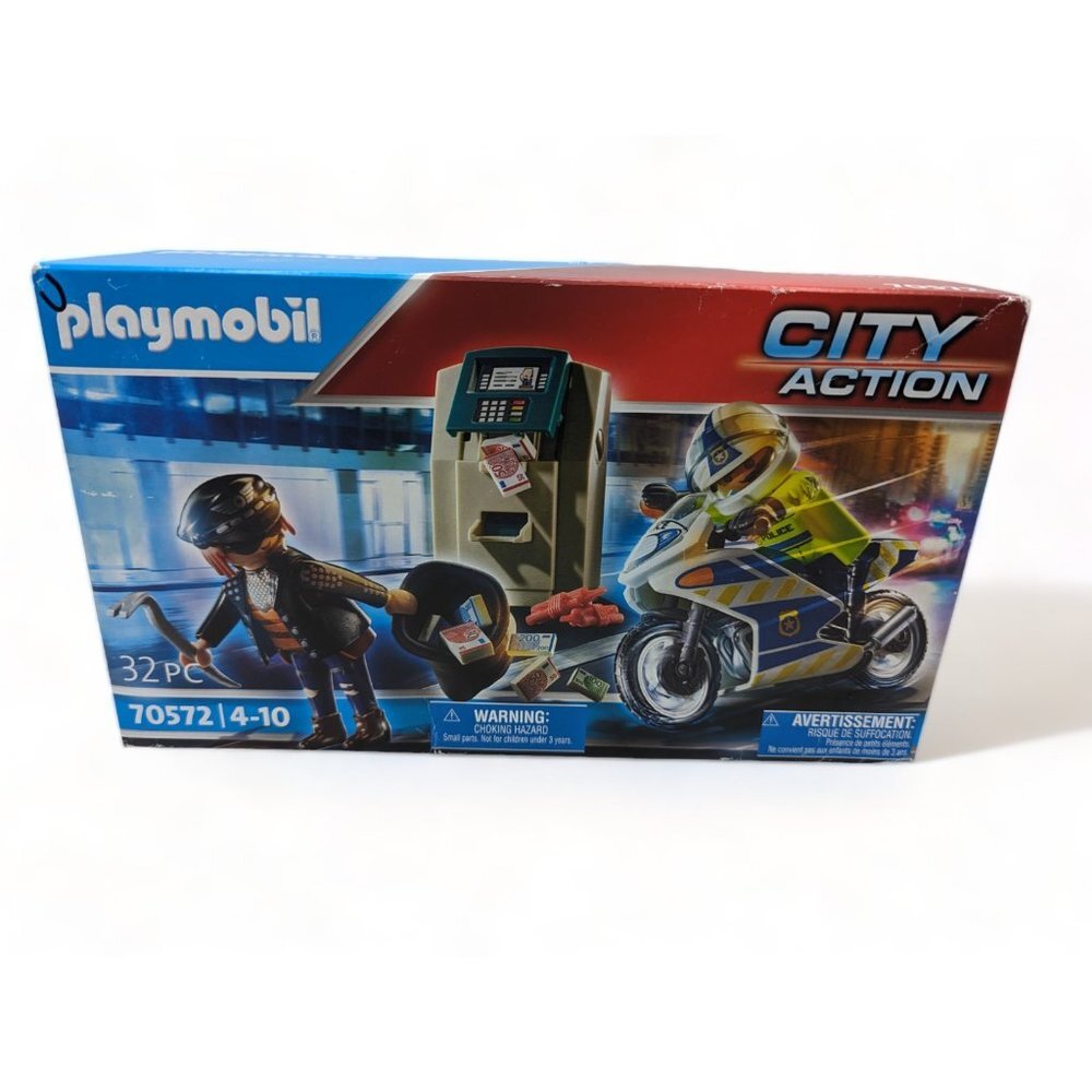 Playmobil City Action Bank Robber Chase Building Set 70572 Motorcycle ATM 32 Pcs